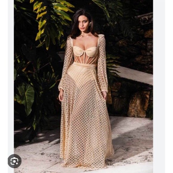 PatBO Dresses & Skirts - PatBO Monstera Crochet Bustier Dress Sand Beige